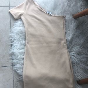 Tan one open shoulder dress
